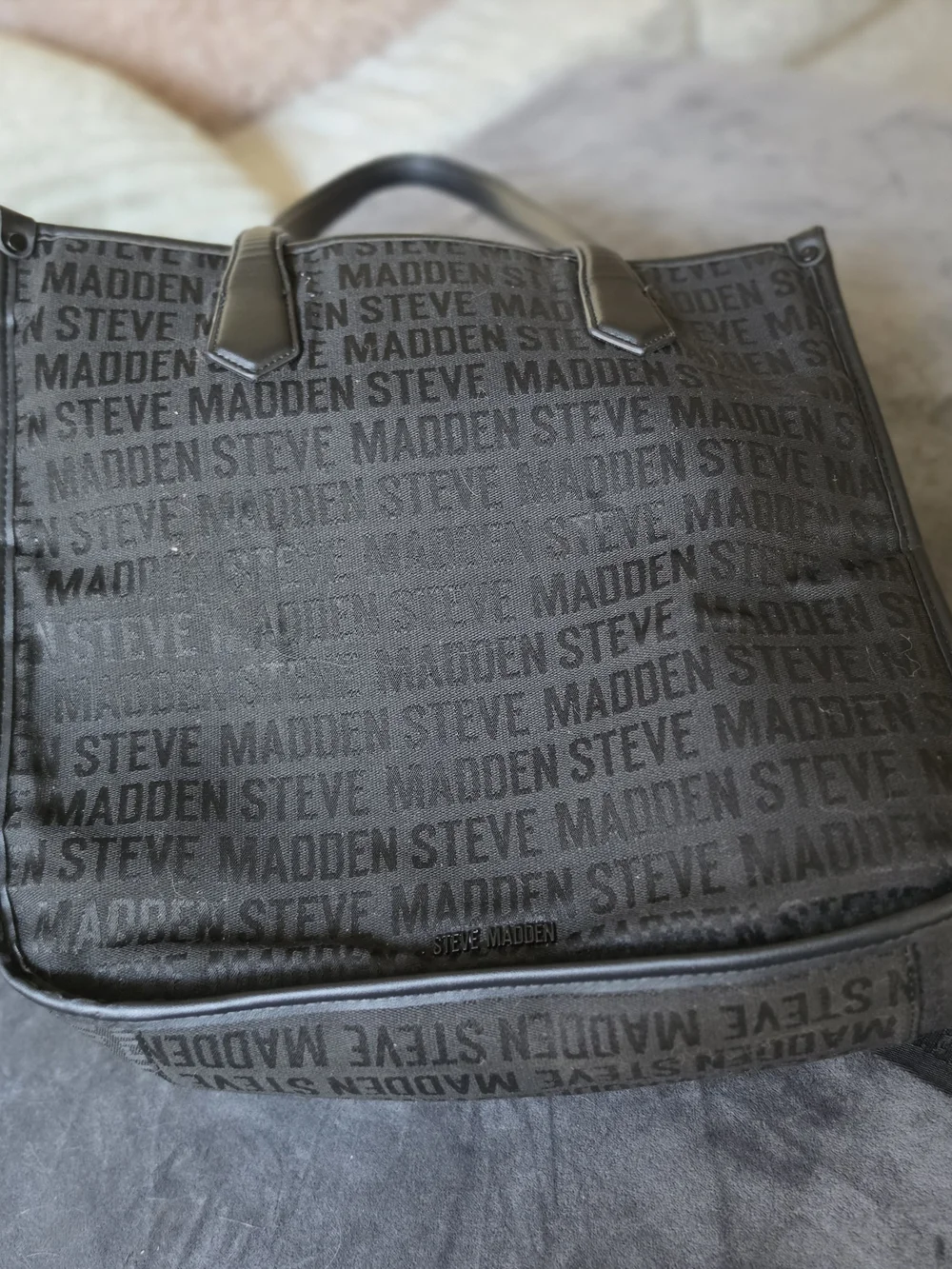 Steve Madden Black Logo Jacquard Tote with Adjustable Strap
